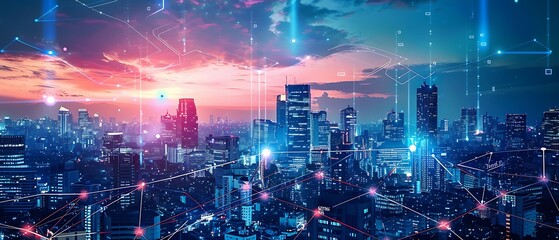 Obraz premium Sophisticated Modern Cityscape Background with Wireless Network and Digital Connectivity in a Futuristic Urban Environment