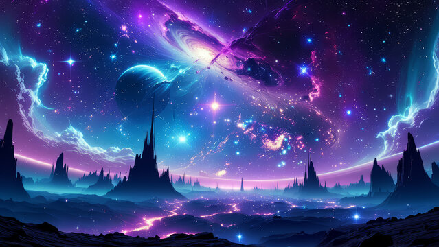 Magic galaxy city in fantasy world, Purple night cosmic sky, glowing star nebula, infinite universe, planets and star constellation. Mystic background illustration
