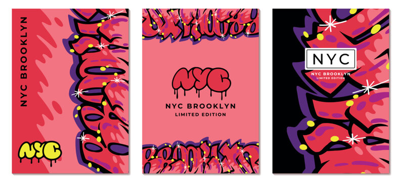 Street art background. Urban paint posters. Spray wall pattern in abstract youth style. Brooklyn graffiti. Underground New York lettering. Grunge splatter texture. Vector NYC banners set