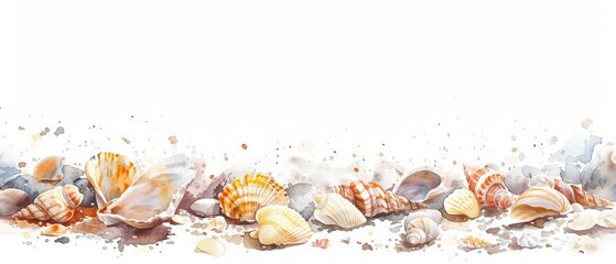 Fototapeta premium A kawaii watercolor of seashells scattered on the beach, isolated minimal with white background