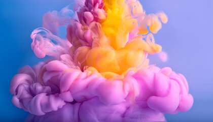 Obraz premium Swirling mix of pink, yellow and purple ink clouds on blue backdrop.