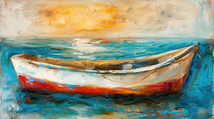 oil painting showing a simple good boat floating in the ocean
