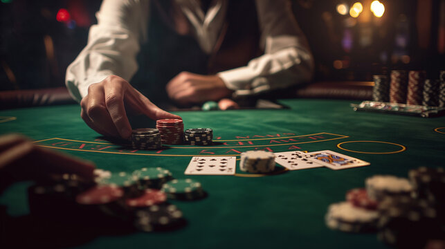 Hand placing poker chips on casino table during card game - Powered by Adobe