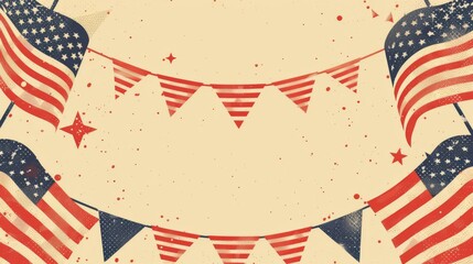 Obraz premium Rally with American flags and banners, flat , vintage style, warm colors, nostalgic feel