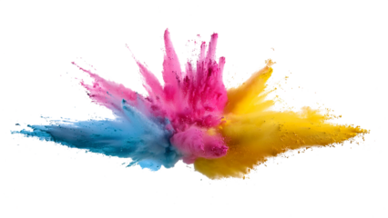 A raspberry pink, yellow, and blue explosion smoke of holi paint color powder isolated on transparent or white background