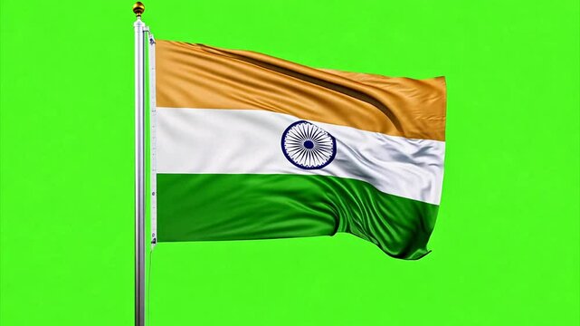 India national flag waving in the wind in slow motion against a chroma key green screen.