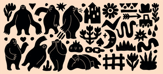 Abstract people. Doodle shapes. Hand drawn flowers and human bodies. Geometry shadows. Simple faces. Black silhouettes. Modern art. Minimal childish sketch. Vector scribble elements set