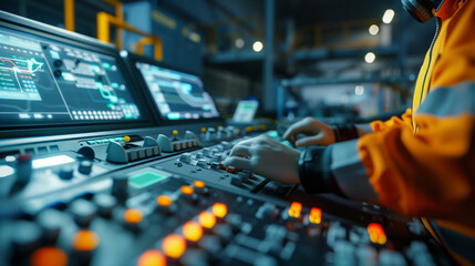  Industrial worker operating control panel in factory