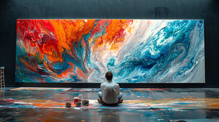 Man  enjoys an abstract painting, admiring art 