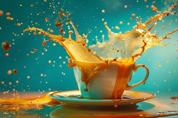 Dynamic liquid splash from a coffee cup against a vibrant blue backdrop