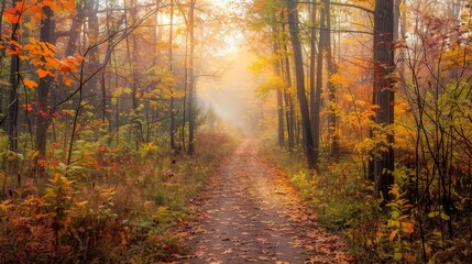 Fototapeta premium Misty forest path with fall foliage