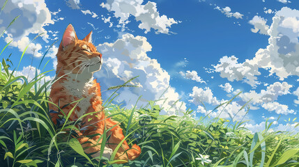 cute orange cat sitting in the fields, enjyoing life