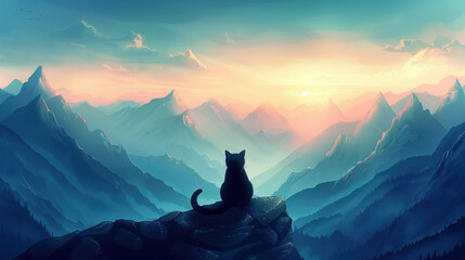 anime inspired abstract landscape with a cute black cat enjoying life
