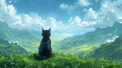 cute lovely black anime cat sitting in the alps and watching the scenery, manga wallpaper