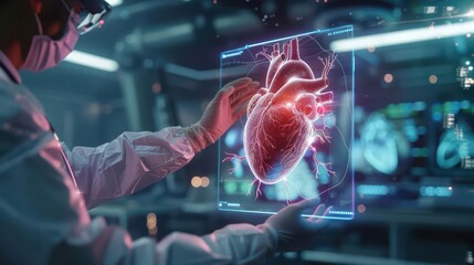 In a futuristic clinic, a cardiologist demonstrates the concept of heart disease with a detailed hologram heart shape, closeup, with a hitech HUD concept