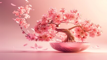 An elegant and super realistic logo design featuring a cherry blossom flower intertwined with a bonsai tree, enhanced by Japanese elements icons in an Asian style. 
