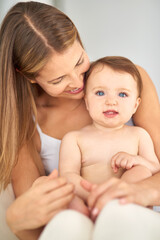 Woman, baby and portrait in home for growth, care and support for learning and relax or kid. Development, hands and family in house or lounge for love, child and mom or together for trust in morning