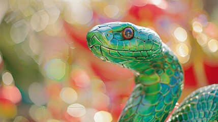 Colorful Ceramic Snake Sculpture with Bokeh Background