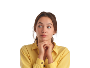 portrait of Doubtful woman thinking with her hands under chin and looking away. lady with uncertain face expression