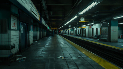 Obraz premium Abandoned subway station with illuminated signs and empty tracks