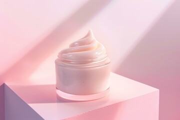 Moisturizing cream in an open jar bathed in soft pink light, highlighting its texture