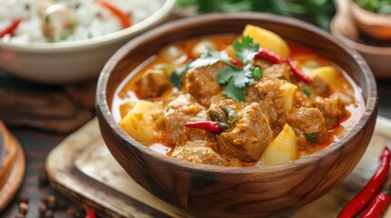 Massaman curry is a rich and flavorful Thai dish made with tender meat, potatoes, and a blend of aromatic spices