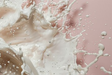 Obraz premium Highspeed capture of dynamic white milk droplets and splashes against a soft pink backdrop