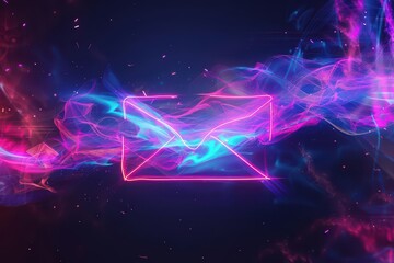 Neon style of communication through email enhancing digital marketing campaigns, visualized in cyber color, perfect for a banner template sharpen with copy space
