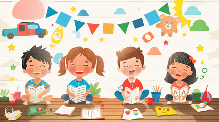 Children in foreign language class, international decor, template for adding message --ar 16:9 --style raw Job ID: d4e62f35-a1f0-4564-bd8e-3a0b866c97a7