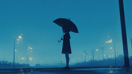 classic manga anime inspired artwork with a girl holding an umbrella