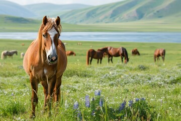 Fototapeta premium Beautiful brown horse standing in a beautiful valley, landscape, mountains , aesthetic view