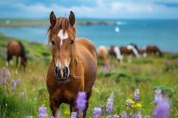 Fototapeta premium Beautiful brown horse standing in a beautiful valley, landscape, mountains , aesthetic view