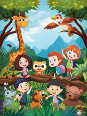 Obraz premium Kids in school wildlife club, nature diorama background, design with message placement --ar 3:4 --style raw Job ID: fc1453d4-7f80-4e87-bea6-1aff9d3ee465