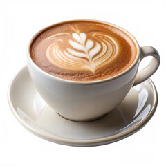 Close-up of a cappuccino cup with frothy milk and a latte art heart design on top