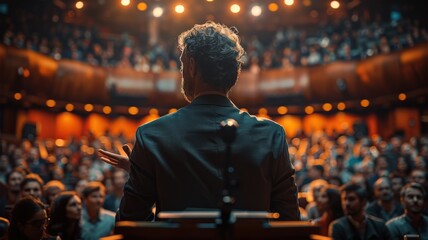 Fototapeta premium Captivating Orator on Stage Addressing a Full House in Grand Auditorium with Intricate Lighting and Eager Audience During Evening EventPublic speaking
