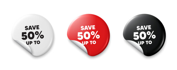 Save up to 50 percent tag. Price tag sticker with offer message. Discount Sale offer price sign. Special offer symbol. Sticker tag banners. Discount label badge. Vector