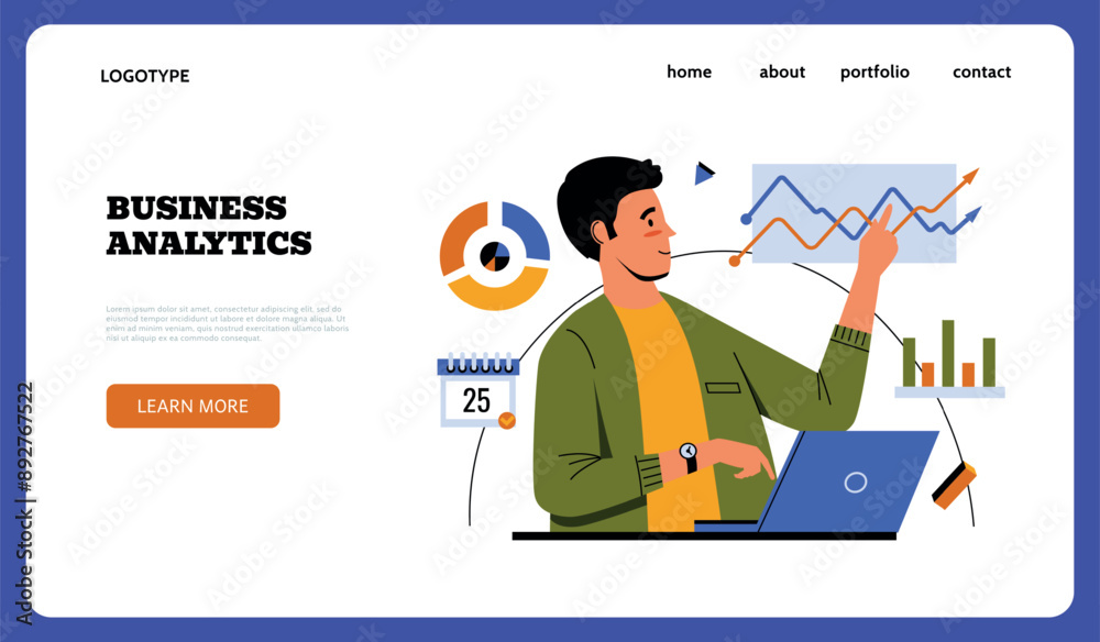 Aufkleber Business analytics landing page. Man showing infographic. Project diagram. Website template. Statistic information. Professional analyst. Businessman presenting charts. Vector background