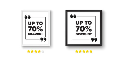 Obraz premium Picture frame with 3d quotation icon. Up to 70 percent discount. Sale offer price sign. Special offer symbol. Save 70 percentages. Discount tag chat message. Photo frame wall. 3d comma quotes. Vector