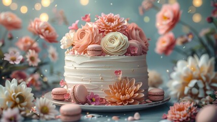 Beautifully decorated white cake adorned with pink and peach flowers surrounded by matching macarons and delicate daisies with a soft bokeh backgroundWedding cake