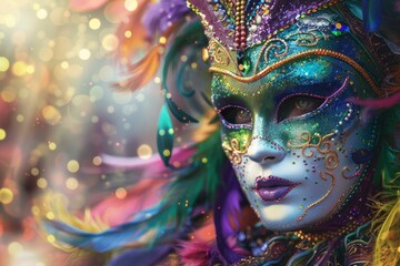Closeup of an intricate venetian mask with vibrant feathers and glittery bokeh