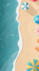 Illustration of a vibrant summer beach scene from an aerial perspective, featuring colorful umbrellas, beach chairs, and crystal clear turquoise water