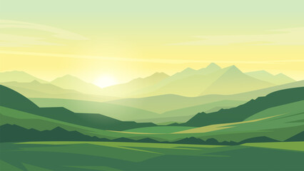 Landscape of green hills and mountains. Vector illustration of sunset or sunrise in beautiful mountains and hills. Warm sunlight and silhouettes of nature.
