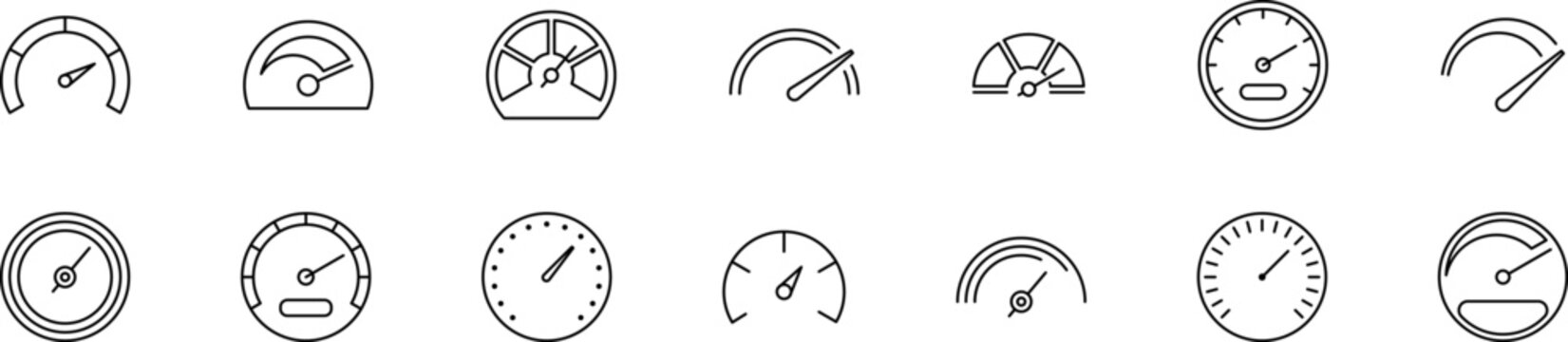 Speedometer vector thin line icons set. Dashboard, indicator, gauge, scale, tachometer icon isolated. Car speed. Fast internet speed sign. Speedometer sign.