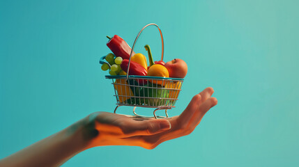 Image of a hand holding a small shopping basket filled with fresh fruits and vegetables against a blue backdrop, concept for healty eating and shopping