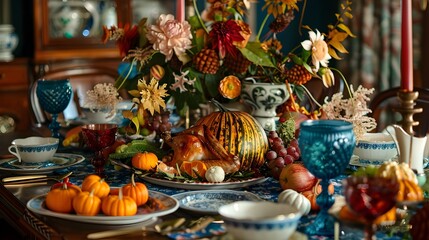 Fototapeta premium Autumnal Thanksgiving Feast with Vibrant Floral Centerpiece and Seasonal Produce