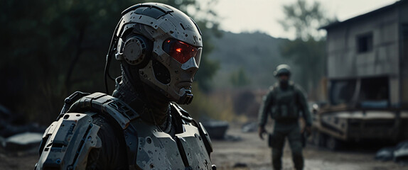 Fototapeta premium cyborg soldier fighting in a warzone movie story seen trail cam footage, rear view, wide angle shot, a striking contrast against the soft, blurred background, with a digital interface overlaid