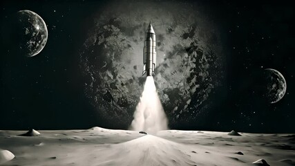 Rocket launch scene in retro black and white style. Rocket take off illustration