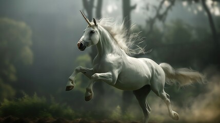 A white unicorn is leaping into the air in the misty forest.
