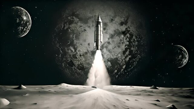 Rocket launch scene in retro black and white style. Rocket take off illustration