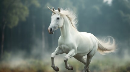 A white unicorn is leaping into the air in the misty forest.